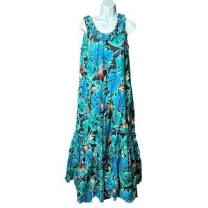 Hilo Hattie Palm Leaf Hawaiian Maxi Dress Women’s Size Medium Black Blue #640
